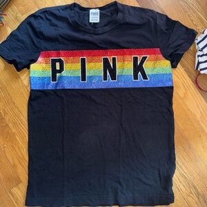 Victoria’s Secret PINK Rainbow Rhinestone Bling T-Shirt Black size XS PRIDE
